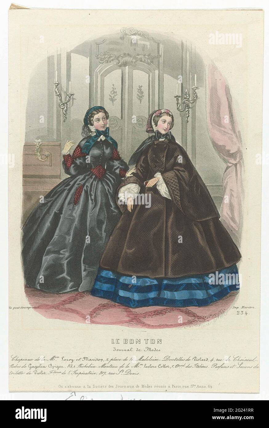 Le Bon Ton, Journal De Modes, 1860, No. 234: Chapeaux de la M.ON LEROY  (...). Two women in an interior. According to the caption: hats from Leroy  and Mariton. Side of violard.