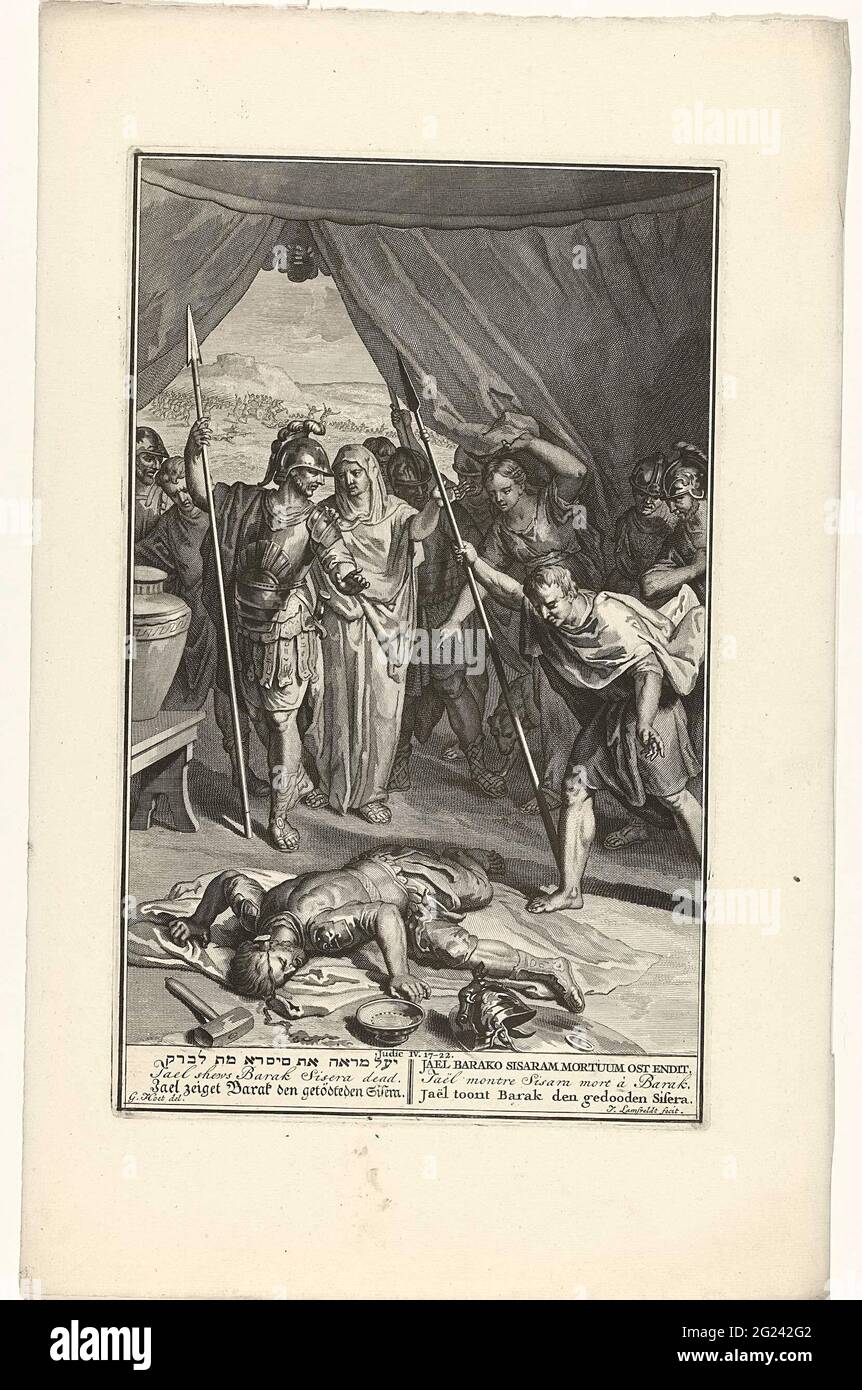 Jael shows the dead body of Sisera. In a leg tent the killed Sisera is on the ground, a pin pierces his head. On the left is Jael who points to the barrack on the dead body. Biblical performance from RI. 4: 17-22 with the title of the show in six languages in the margin. Stock Photo
