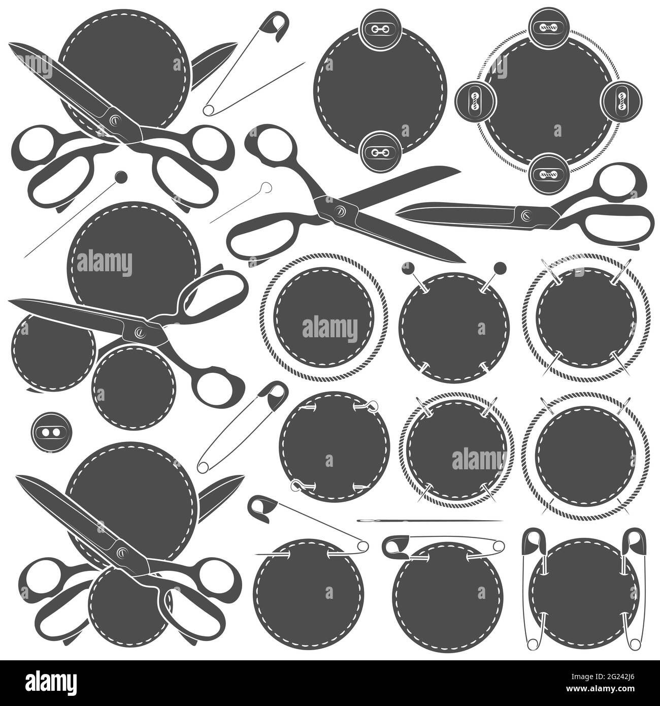 Set of vector signs with sewing accessories. Isolated objects on a white background. Stock Vector