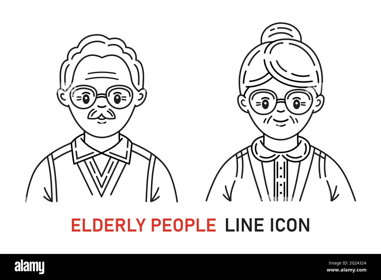 Elderly people, grandparents icon set. Old man, woman face.  Grandfather, grandmother couple. Pensioners citizens. Aged wife and husband line vector Stock Vector
