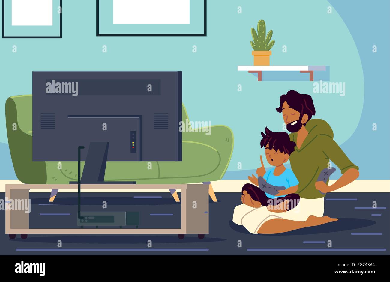 father and son playing video games Stock Vector