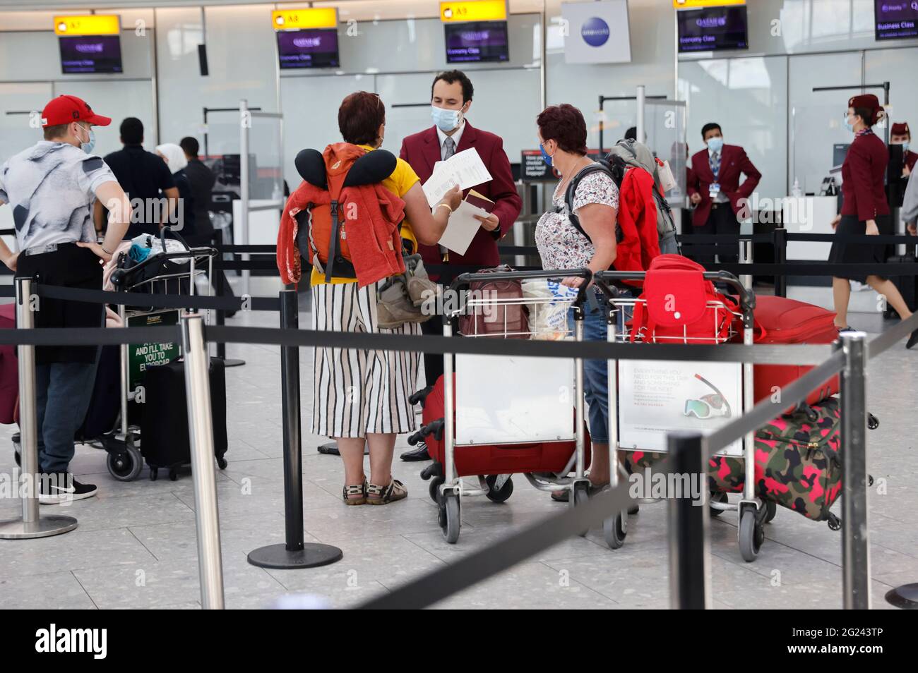 London, UK. 08th June, 2021. Passengers arriving at Heathrow as Portugal moves onto the Amber list. Many passengers were unable to catch a plane before the 4am deadline. Travel arrangements will be updated by the Government. British holidaymakers in Portugal are rushing back home before the country is added to the UK's travel amber list amid concerns about rising Covid cases. From 04:00 BST on Tuesday Portugal will be dropped from the green list, and returnees made to self-isolate for 10 days and take two PCR tests. Credit: Mark Thomas/Alamy Live News Stock Photo