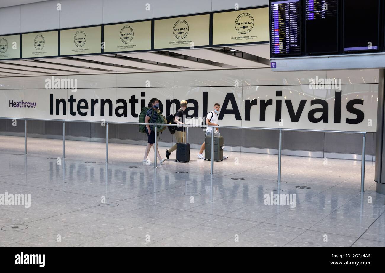 London, UK. 08th June, 2021. Passengers arriving at Heathrow as Portugal moves onto the Amber list. Many passengers were unable to catch a plane before the 4am deadline. Travel arrangements will be updated by the Government. British holidaymakers in Portugal are rushing back home before the country is added to the UK's travel amber list amid concerns about rising Covid cases. From 04:00 BST on Tuesday Portugal will be dropped from the green list, and returnees made to self-isolate for 10 days and take two PCR tests. Credit: Mark Thomas/Alamy Live News Stock Photo