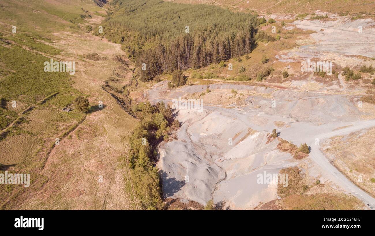 Aerial view of Nant y Bai disused lead mine, Rhandirmwyn, Wales, UK Stock Photo