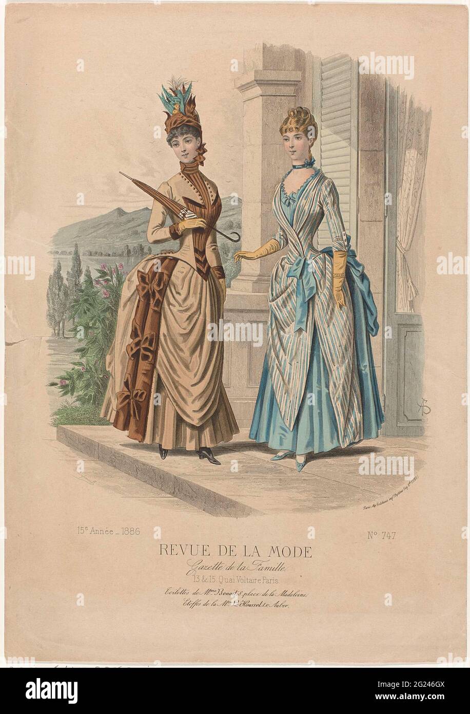 Revue de la fashion, Gazette de la Famille, Dimanche 25 Avril 1886, 15th  Année, No. 747: Toilettes De Mme Benoit (...). Two women in front of a  house in Junins of Benoit.
