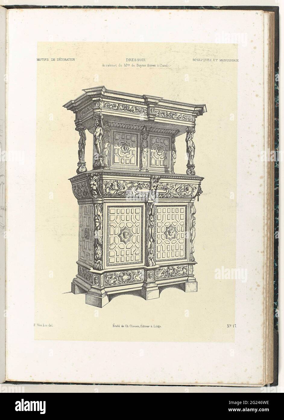 Buffet cabinet; Dressoir du Cabinet de Mrs de Buyser Frères à Gand .. The  doors and sides of the sideboard are decorated with masks in a star shape.  Top left is listed: