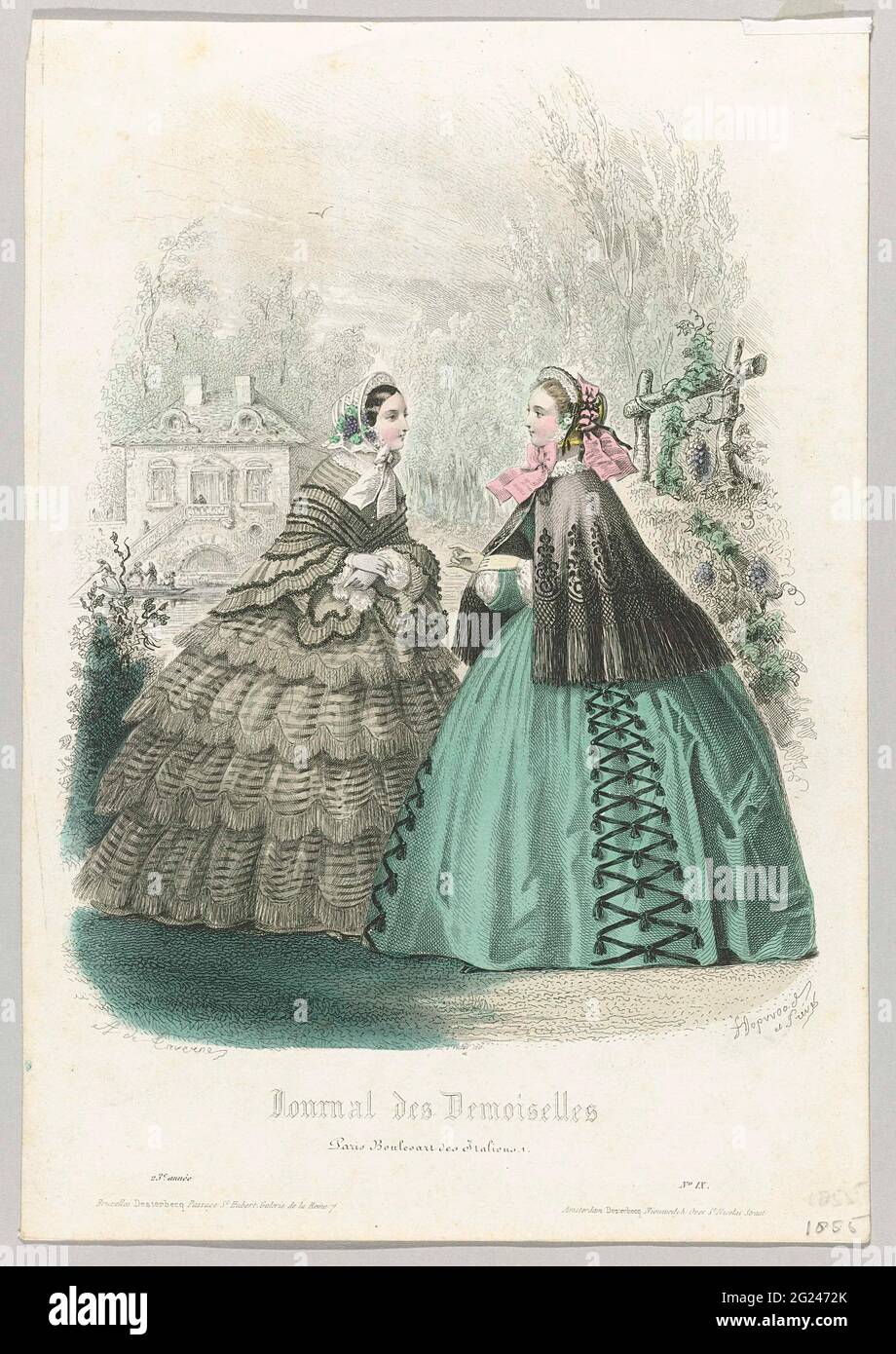 Journal des Demoiselles, 1855, No. 9, 23rd Année. Two women in a landscape; In the background a estate and a few people in a boat. Left: Striped dress with wide skirt, wrinkled strips of fabric, scalloped hem and trimmed with fringes. On the head a hat decorated with grape fees. Handkerchief in hand. Right: short black cape with curl motif and trimmed with fringes. Green dress with wide skirt decorated with tape and tassels. Puffing under-sleeving. On the head a hat decorated with pink ribbon. Print from the Mode magazine Journal des Demoiselles (1833 -1922). Stock Photo
