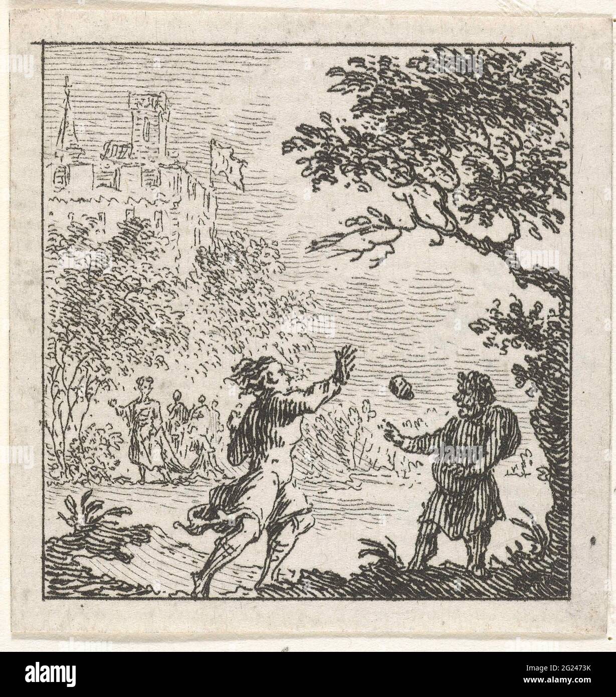 Fabul of Aesopus and a Deugniet; Illustrations for fabber stories from Phaedrus. Aesopus keeps his hand to capture the stone that a young man throws to him. This illustration is made at the aesopic fables of the Latin poet phaedrus. Stock Photo