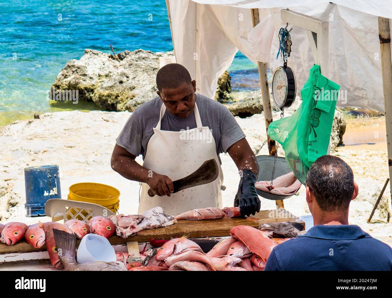 Fishmonger serves up freshly caught fish on a Caribbean island beach Stock Photo