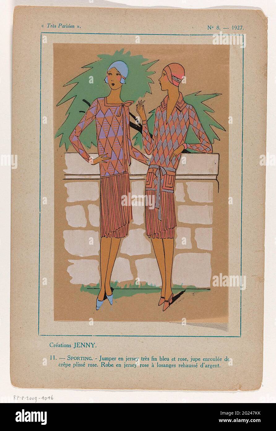 Très Parisien 1927, No. 8: -11: Créations Jenny (...). Designing Jenny. 'Jumper' (pull-over) from jersey in blue and pink. Wrapped skirt from pleated pink crepe. Dress of pink jersey decorated with silver colored windows. Accessories: Cloche (Pothoed), Pumps. Print from the fashion magazine Très Parisien (1920-1936). Stock Photo
