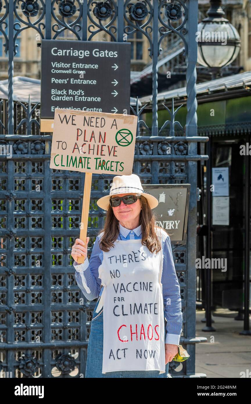 London, UK. 8th June, 2021. We need a plan - A solitary Extinction Rebellion climate protester outside Parliament. Credit: Guy Bell/Alamy Live News Stock Photo