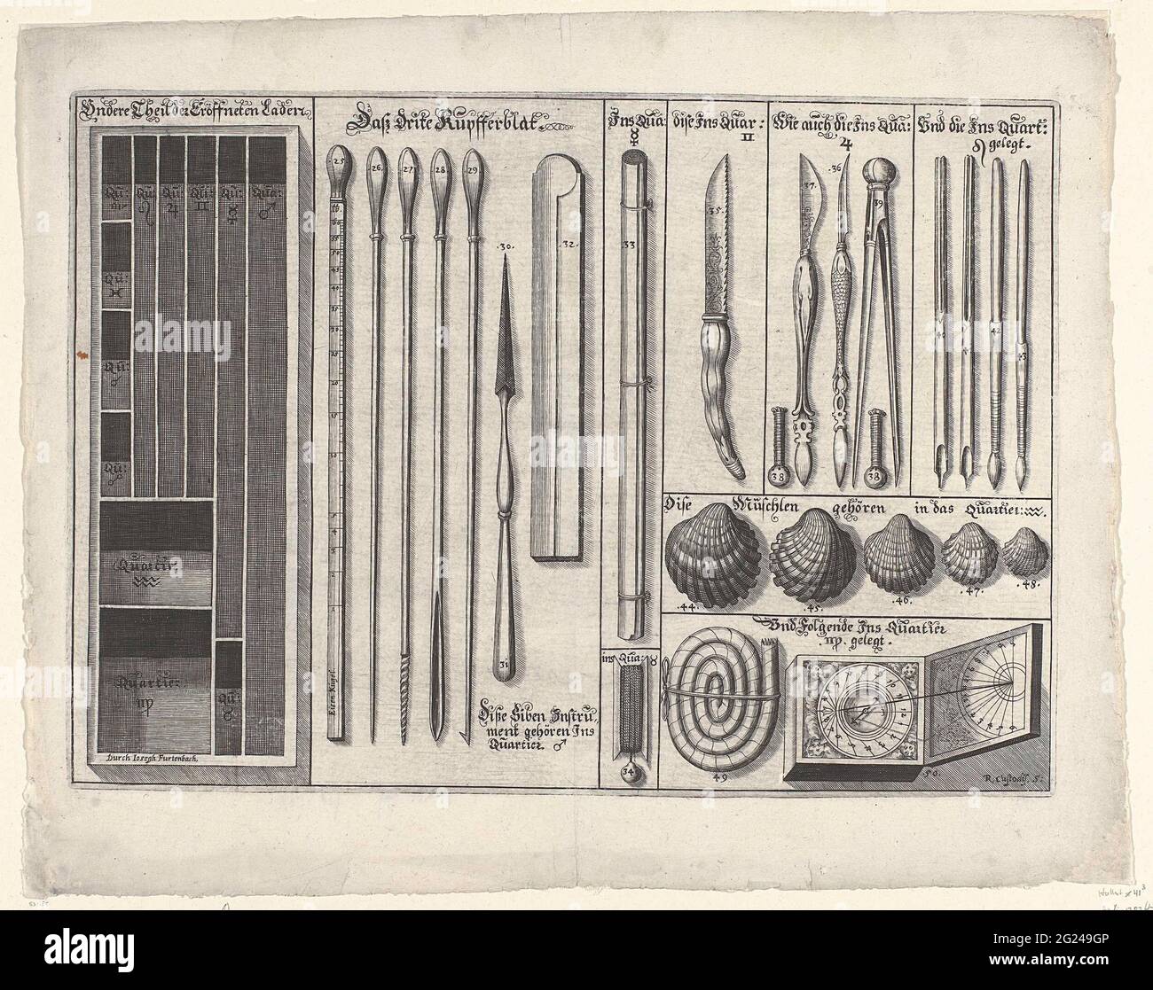 Opened Instruments Opened instrument box with sundial, shells, writing utensils and the ...