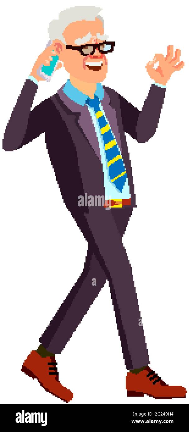 happy old man talking with wife on phone and walking in garden cartoon