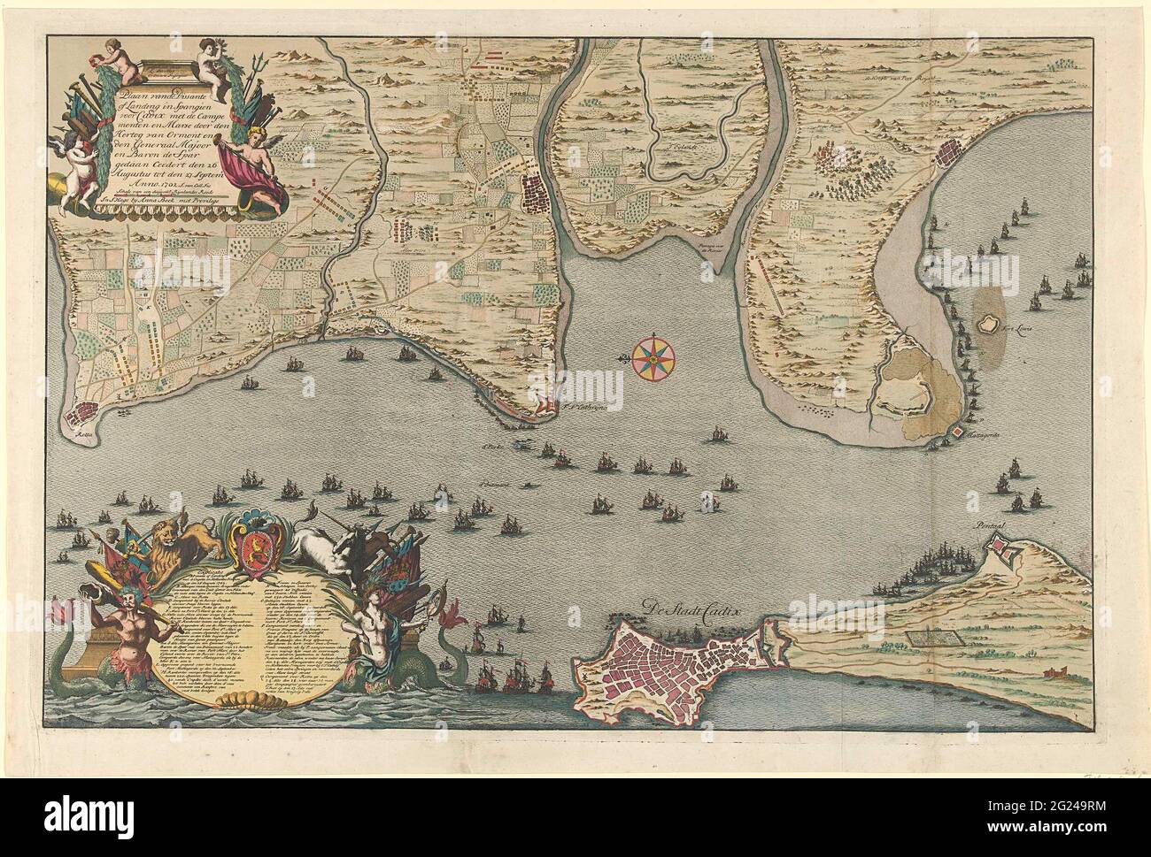 Map of the landing and expedition of the Allies at Cadiz, 1702; Plaan of the dissant or landing in Spangien for Cadix with the campements and Marse by the Duke of Ormont and the General Major and Baron de Spar done Ceedert den August 26 to the 27 September. Anno 1702. Map of the landing and expedition of the Allies at Cadiz, August 26, 1702. At the top left of the cartouche with the title decorated with angels and weapons. At the bottom left of a cartouche with the statement of the letters A-Q, decorated with marine beings, the Dutch lion and the British unicorn and the arms of the States Gene Stock Photo