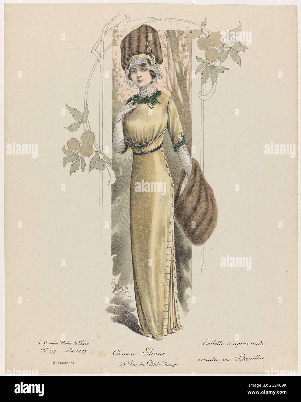 Les Grandes Modes de Paris, Supplément, 1911, no. 117, PL. 1297: Chapeau  Elian (...). 'Toilette' before the afternoon, carried out by Douillet. ' Chapeau Elaine'. Further accessories: MOF of fur, long gloves. Print