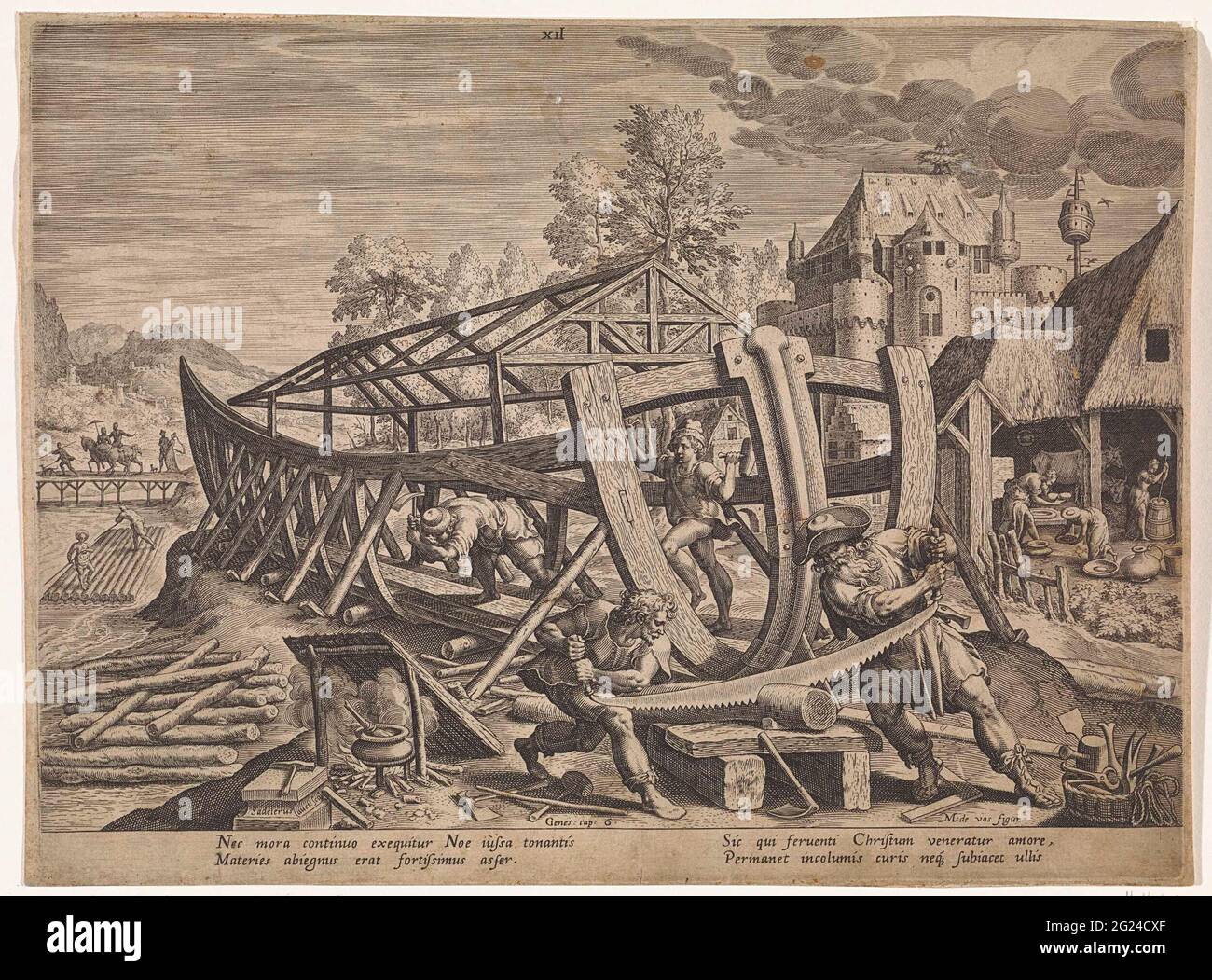 Building of Noah's Ark; History of the family of set / about good and bad judgments; Bonorum et Malorum consensio. Noah and his sons build the ark. The print has a Latin caption. Stock Photo