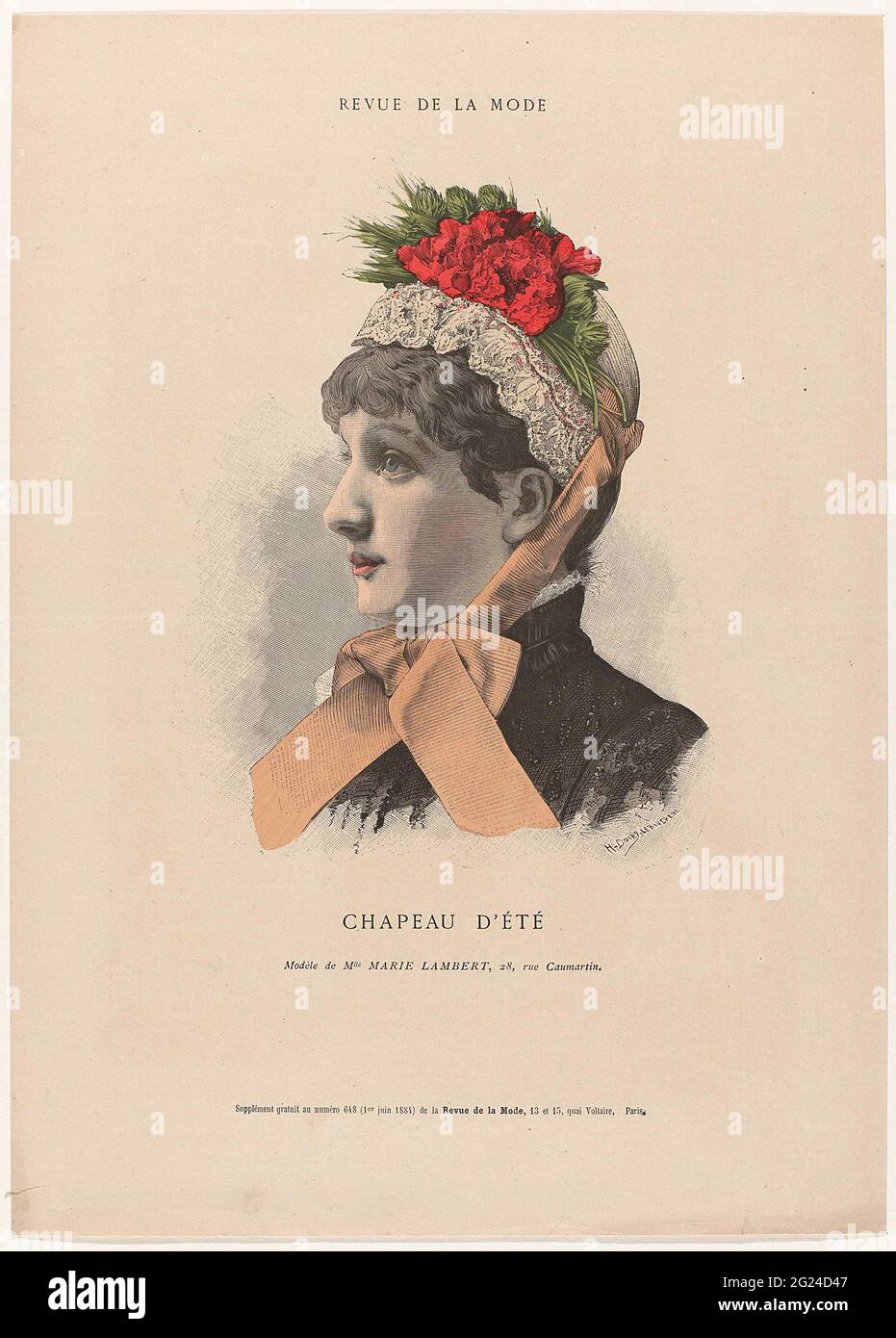 Revue de la fashion, Gazette de la Famille, Dimanche 1 Juin 1884,  Supplément No. 648: Chapeau d'été (...). Summer hat: 'Capote-mantille' from  Beige 'Paille Satin' decorated with side embroidered with silk and