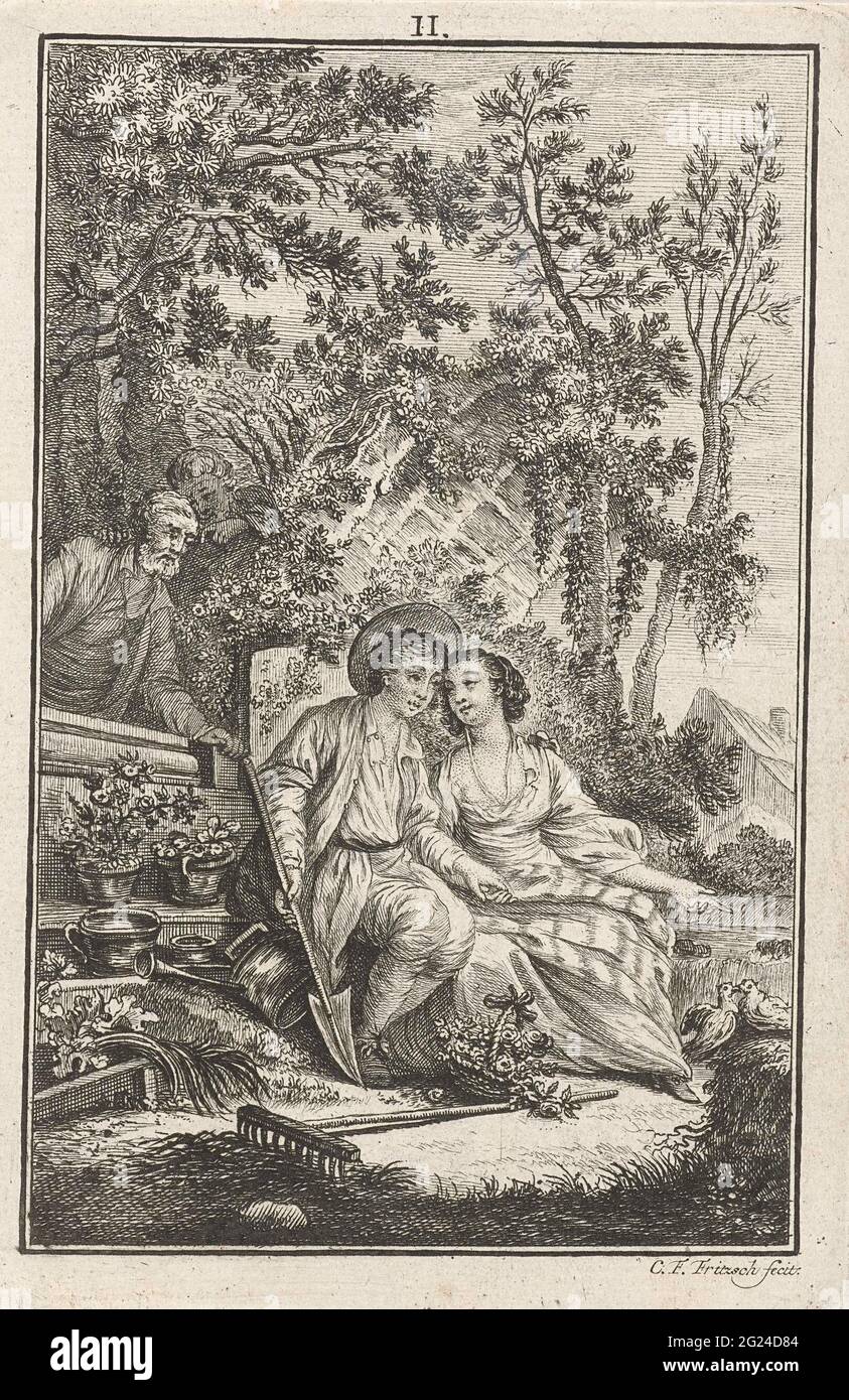 Love couple in a garden. A gardener sits with his loved one in a garden. He holds a shovel in his hands, next to him lies a watering can and a rake for him on the ground. The girl has a basket filled with flowers at her feet and indicates two birds leaving. From behind a wall see an old man and a young child the minnecoous love couple. PRENT In the middle of labeled: II. Stock Photo