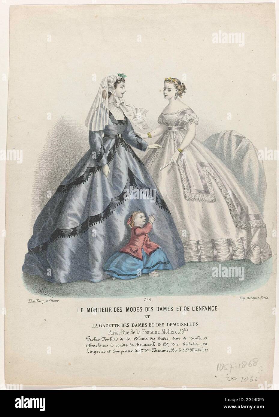 Moniteur des Modes des Ladies et de l'Enfance et la Gazette des Ladies et  des Demoiselles, ca. 1866, No. 344: Robes Foulard (...). Two women and a  girl in an interior. Left: