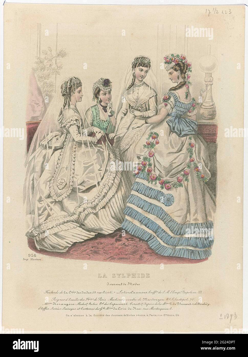 La Sylphide, ca. 1873, No. 956: Foulards de la Cuie des Indes (...). Four  women in interior. According to the caption, the fabrics from Compagnie des  Indes, the Jokes of the Berangère