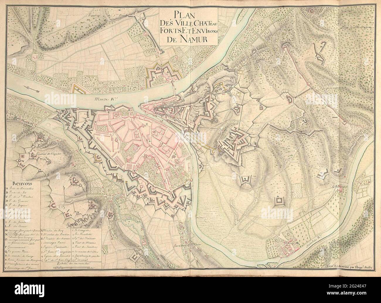 Map of Namur, ca. 1701-1715; Plan des Ville Chateau Forts, et Environs de Namur. Map of the reinforcements to the city took with the castle, ca. 1701-1715. At the bottom left of the legend A-Z and 1-13 in French. Part of a collection of signed plans of reinforced places in the Netherlands and surrounding countries at the time of the Spanish Succession War (Part B). Stock Photo
