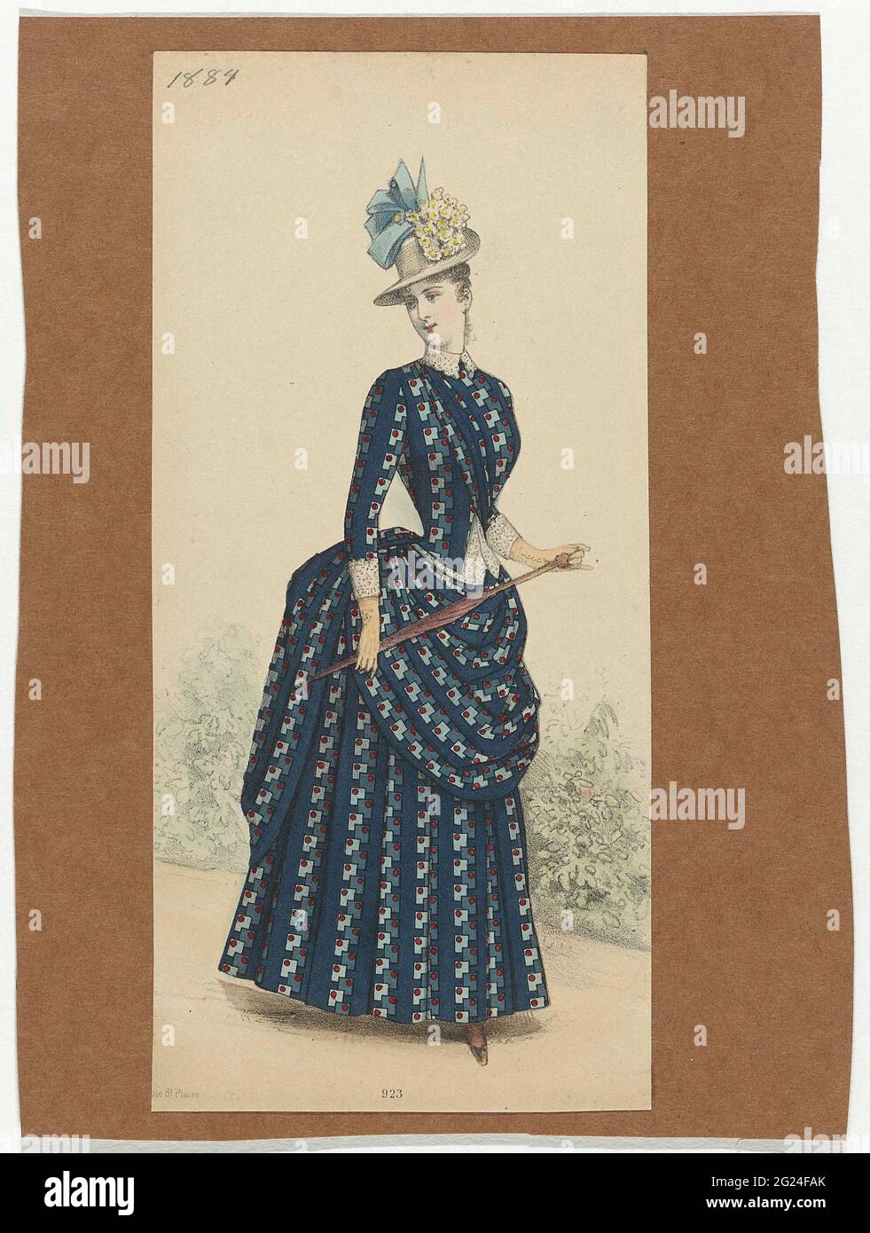 Woman in japon with queue, 1884, no. 923. Woman in a dark blue dress with  stripes motif with cubes and dots in light blue / gray / red. Hoogged body  with three-quarter