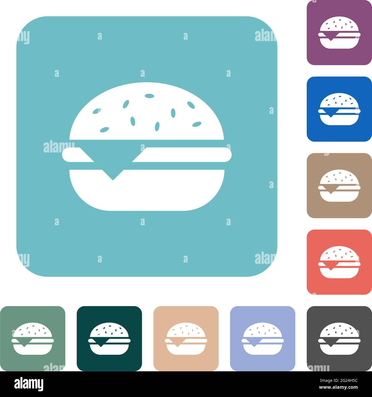 Single cheeseburger white flat icons on color rounded square backgrounds Stock Vector