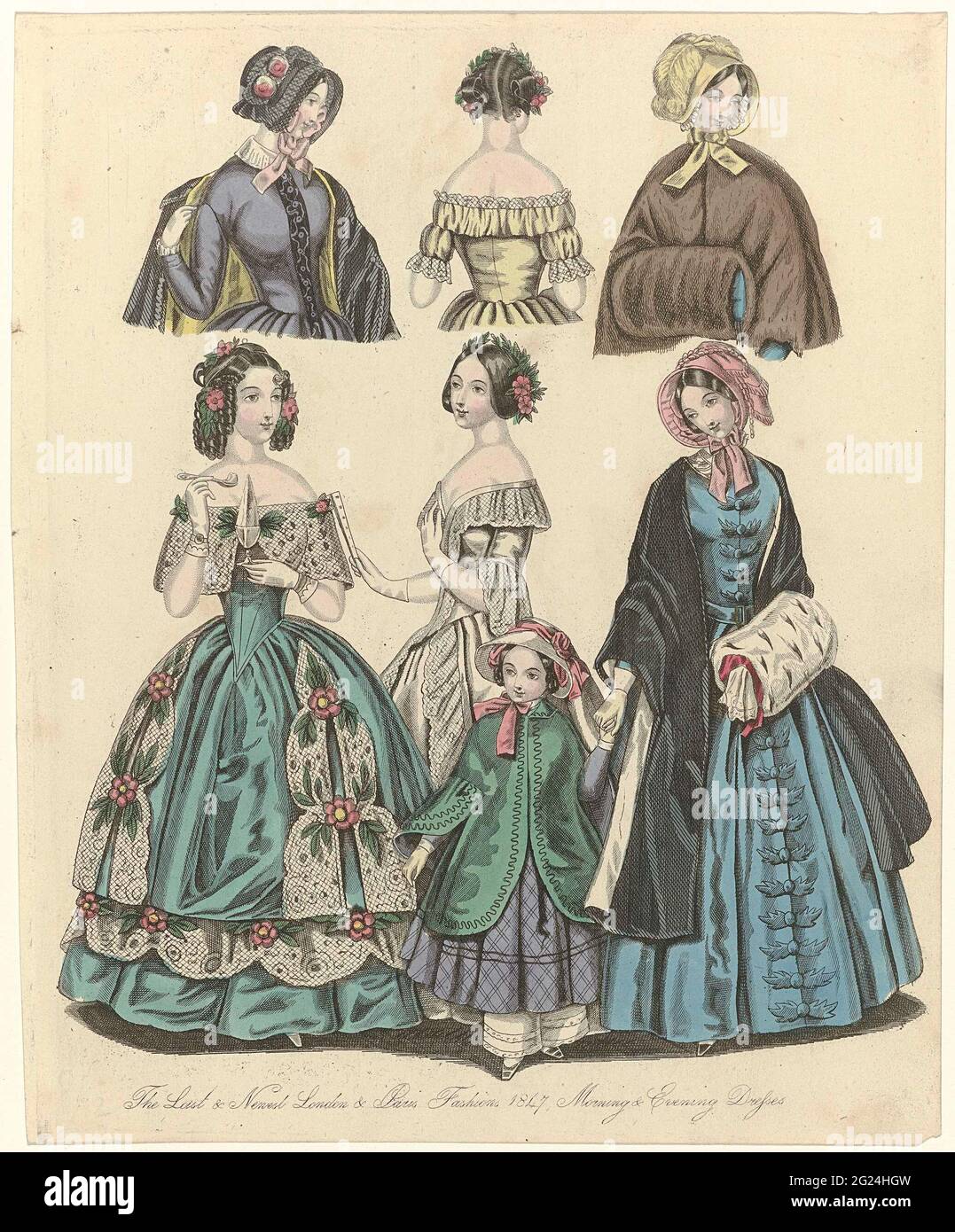 The World of Fashion, 1847: The Last & Newest (...) Morning & Evening  Dresses. The last and newest modes of 1847 from London and Paris. Six women  in morning and evening skies.