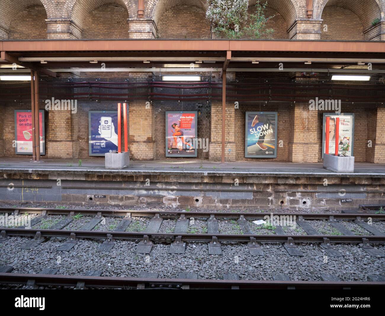 Disused platform at Barbican station London, overgrown with plant life ...