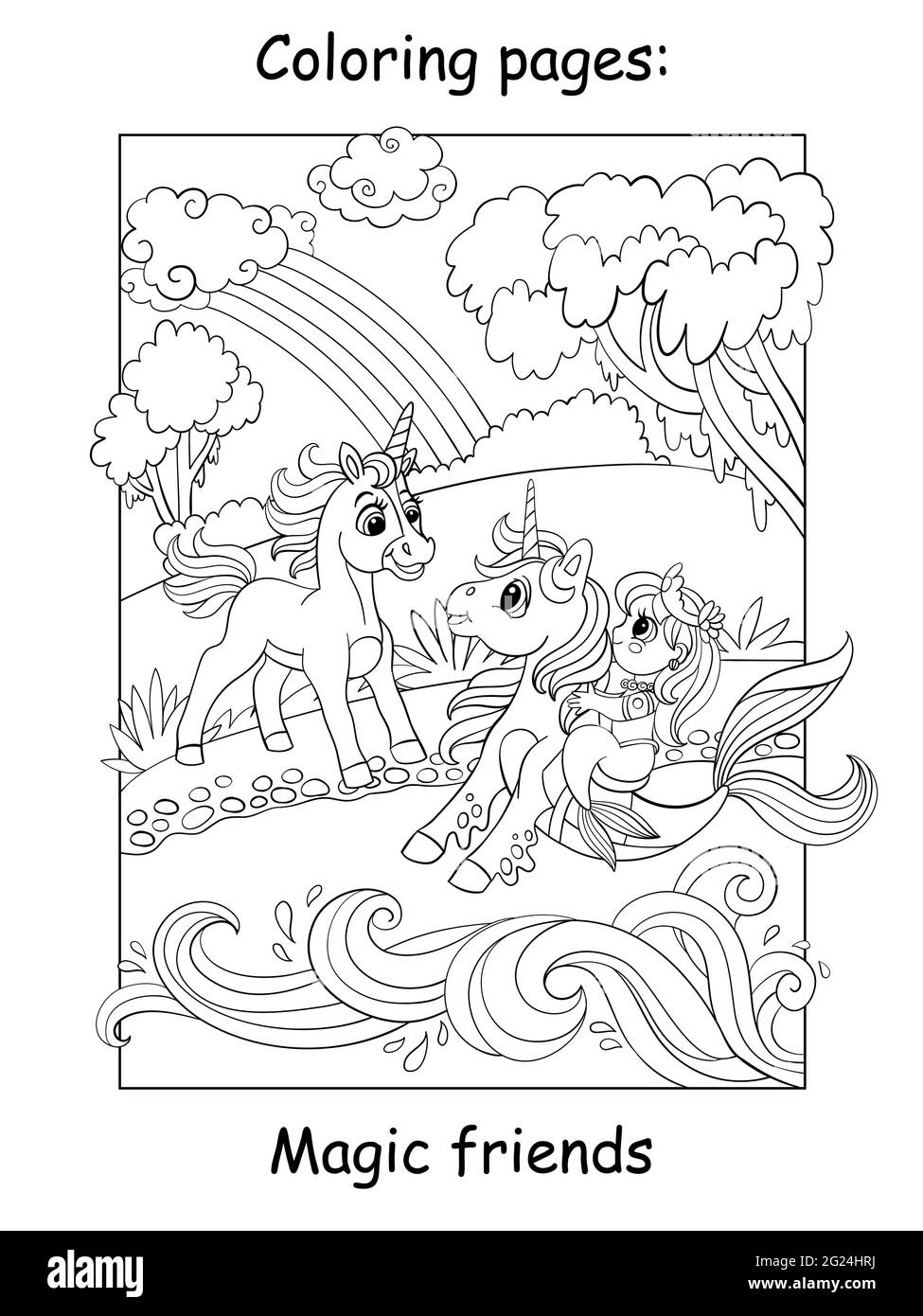 Cute unicorn met a mermaid on a seahorse. Coloring book page ...