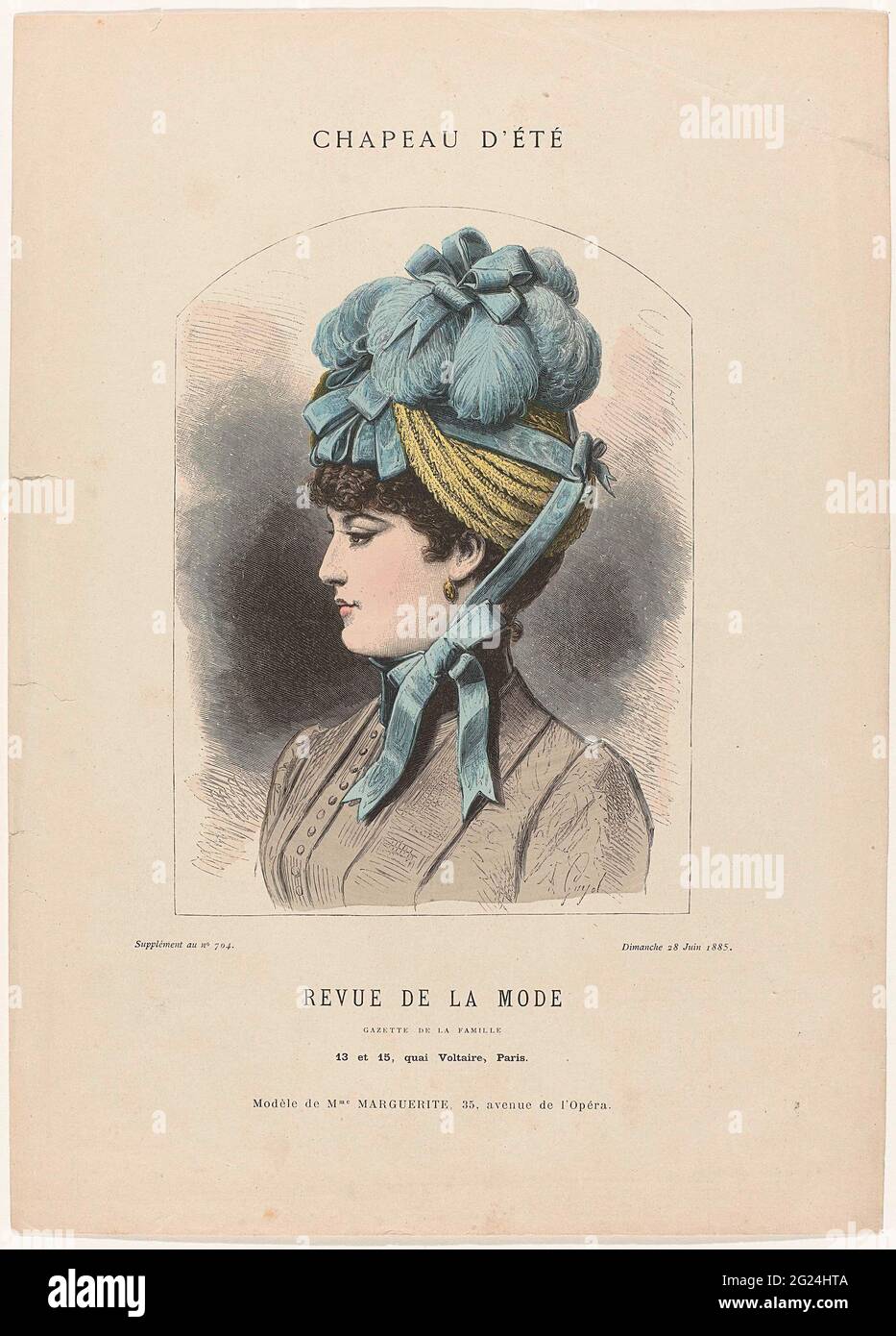 Revue de la fashion, Gazette de la Famille, Dimanche 28 Juin 1885,  Supplément No. 704: Chapeau d'Eté (...). Woman head with a summer hat from  'Paille d'Italie' decorated with sky-blue feathers and