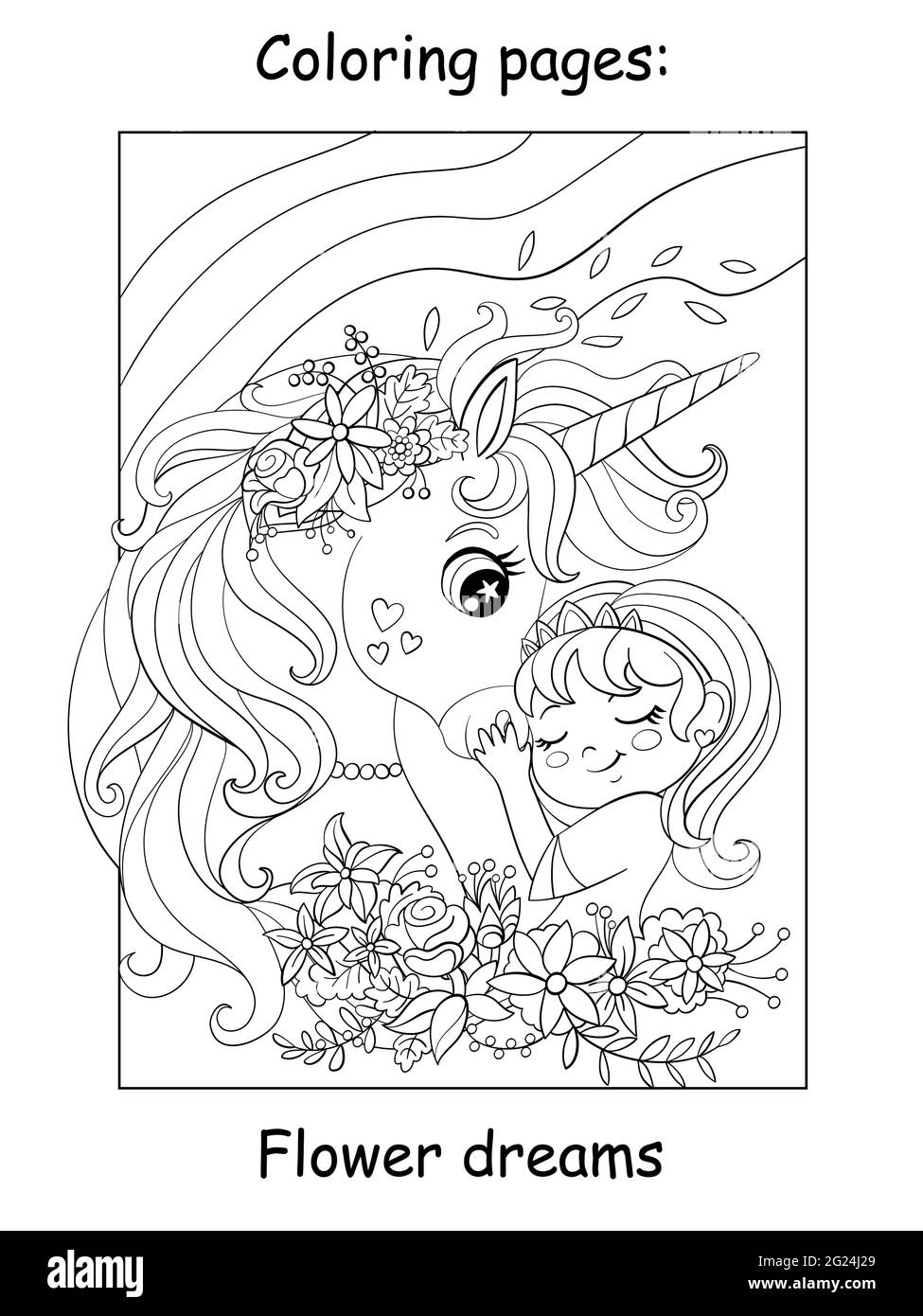 Cute princess hugs with unicorn with flowers. Coloring book page for children. Vector cartoon illustration isolated on white background. For coloring Stock Vector