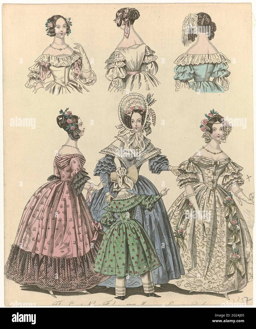 The World of Fashion, 1837. The last and latest fashion from 1837. From left to right: Evening juke with flower pattern. Half-length sleeves. Jap with close-fitting long sleeves, four wrinkled strips of The World of Fashion, 1837. The last and latest fashion from 1837. From left to right: Evening juke with flower pattern. Half-length sleeves. Jap with close-fitting long sleeves, four wrinkled strips of