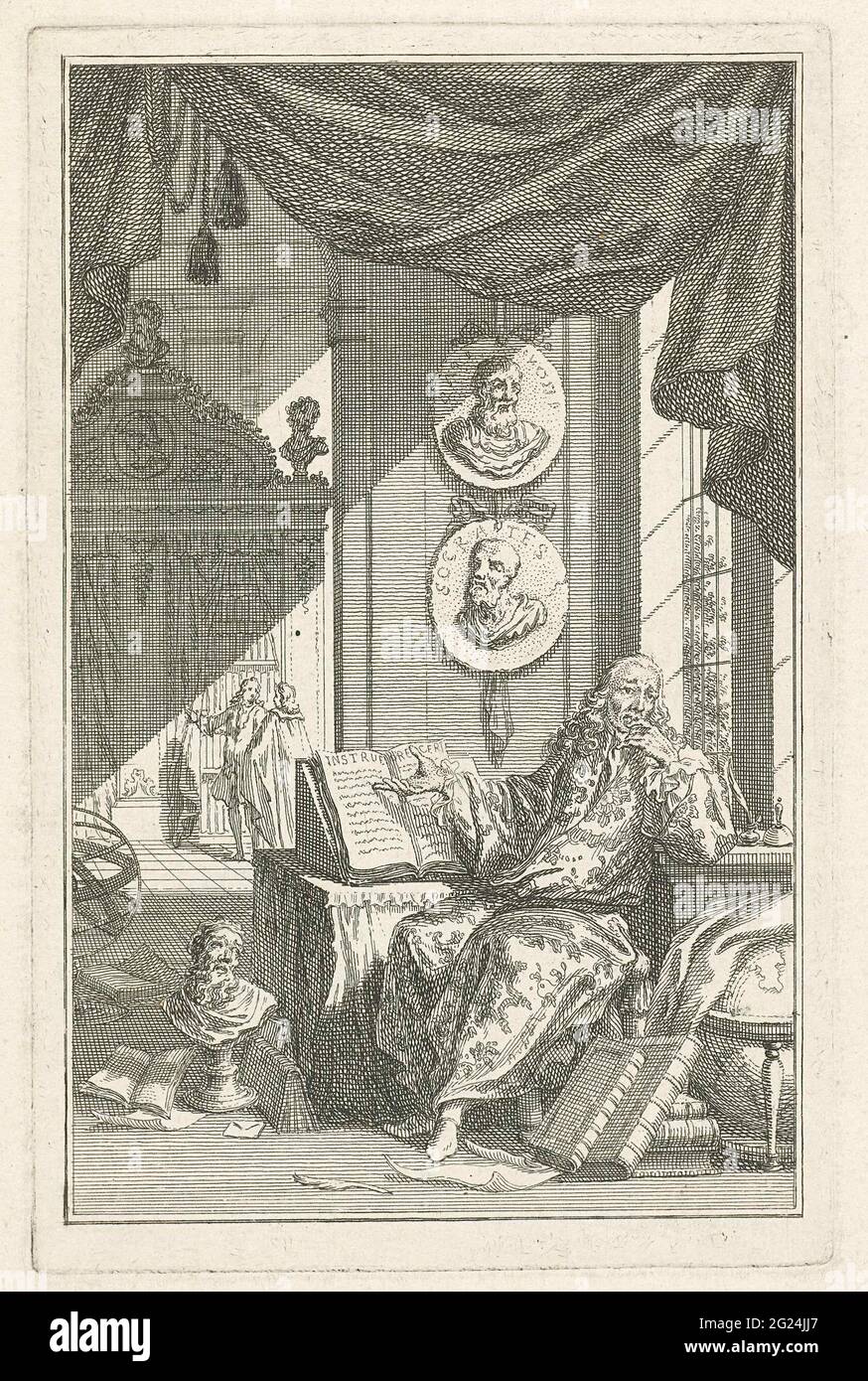 Scholar in study. A scholar sits behind a desk in a study room and