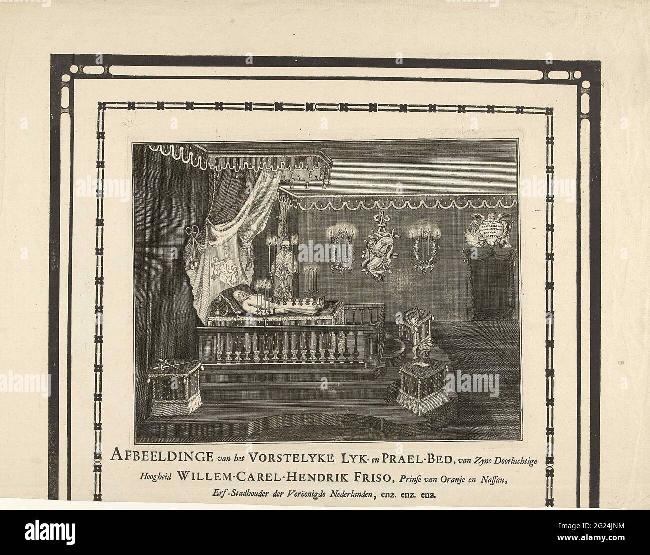 Pre-bed of Prince Willem IV, 1751; Image of the Vortelyke Lyk and Prael bed, from Zyne Scratchy Highness Willem-Carel-Hendrik Friso, Princise of Orange and Nassau (...). Funeral room with the praal bed of the Prince Willem IV prince was died on October 22 and to which he has been laid down by 1751 during the months of November and December. With black mourning edges around the plate, cut off at the bottom, making it fresh and the lower funeral edge. Stock Photo