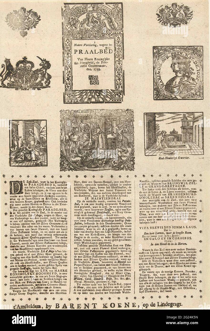 Leaf over the praise bed of princess Anna, 1759; Further statement, due to the praise bed of Haare Koninglyke Highness, the Princesse Governance, etc. 1759. Leaf with a description of the parade hall in three columns and the purge bed on 12 January 1759 Death Anna Anna van Hanover for a few days in February laid out. There are eight old woodcuts on the upper half of the leaf with various topics including a maternity bed and some biblical scenes. Stock Photo