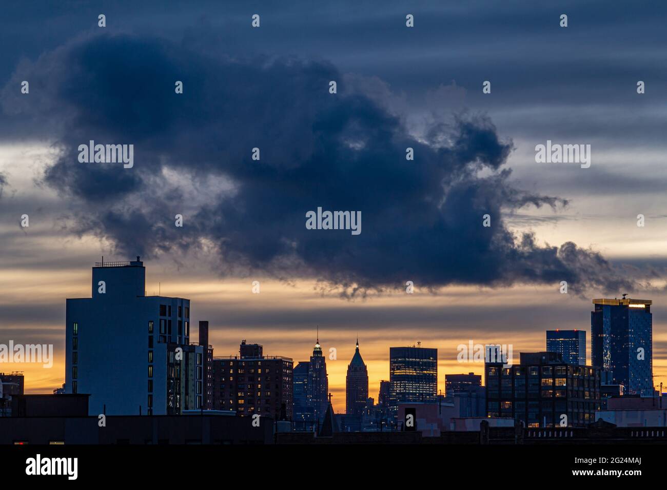 View of Lower Manhattan at sunset from East Williamsburg, Brooklyn. Stock Photo