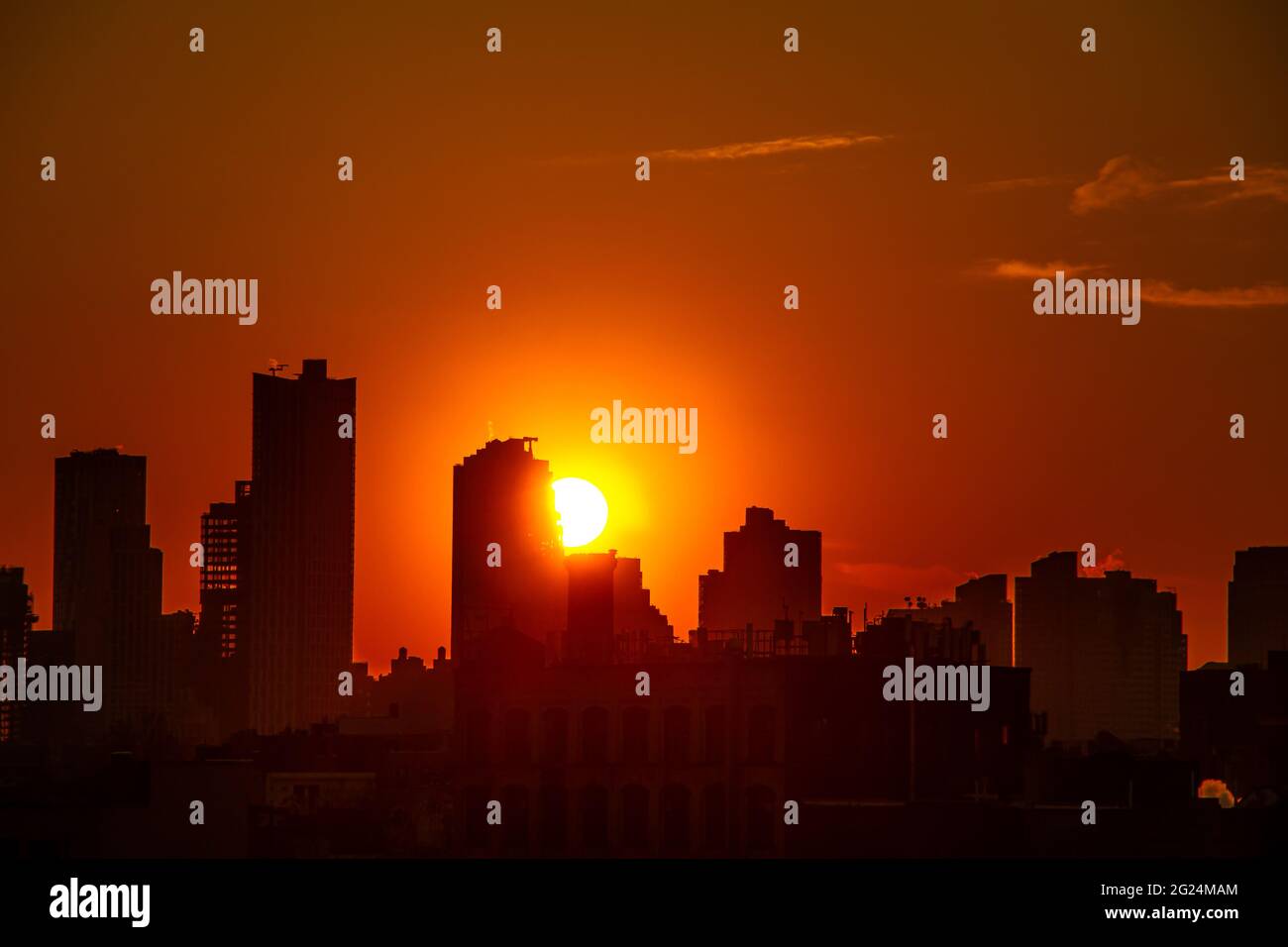 View of Lower Manhattan at sunset from East Williamsburg, Brooklyn. Stock Photo