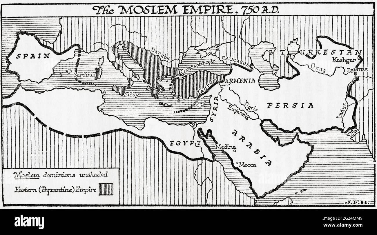 Map of the Moslem Empire, 750 AD. From A Short History of the World, published c.1936 Stock Photo
