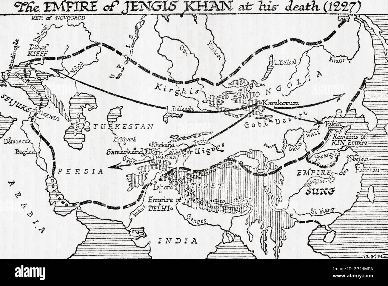 Kublai Khan Map Map Showing The Empire Of Jengis Khan Or Genghis Khan At His Death 1227 From A Short History Of The World Published C1936 2G24MPA