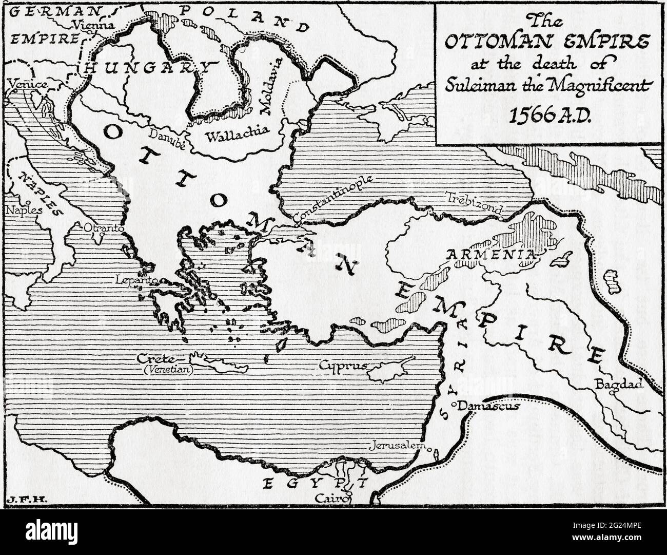 Map showing the Ottoman Empire at the death of Suleiman the Magnificent, 1566.  From A Short History of the World, published c.1936 Stock Photo