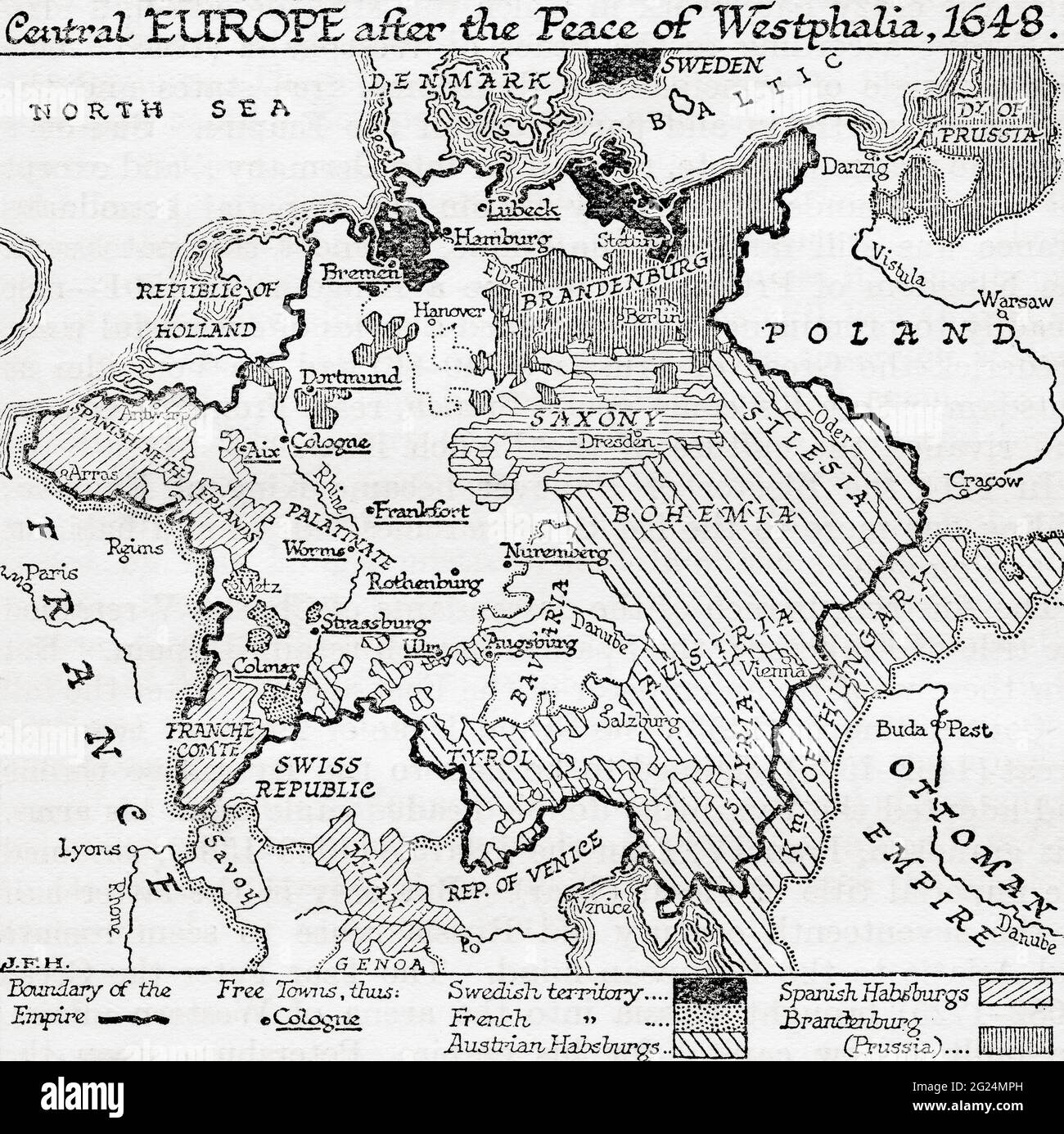 Map of Central Europe after the Peace of Westphalia, 1648.  From A Short History of the World, published c.1936 Stock Photo