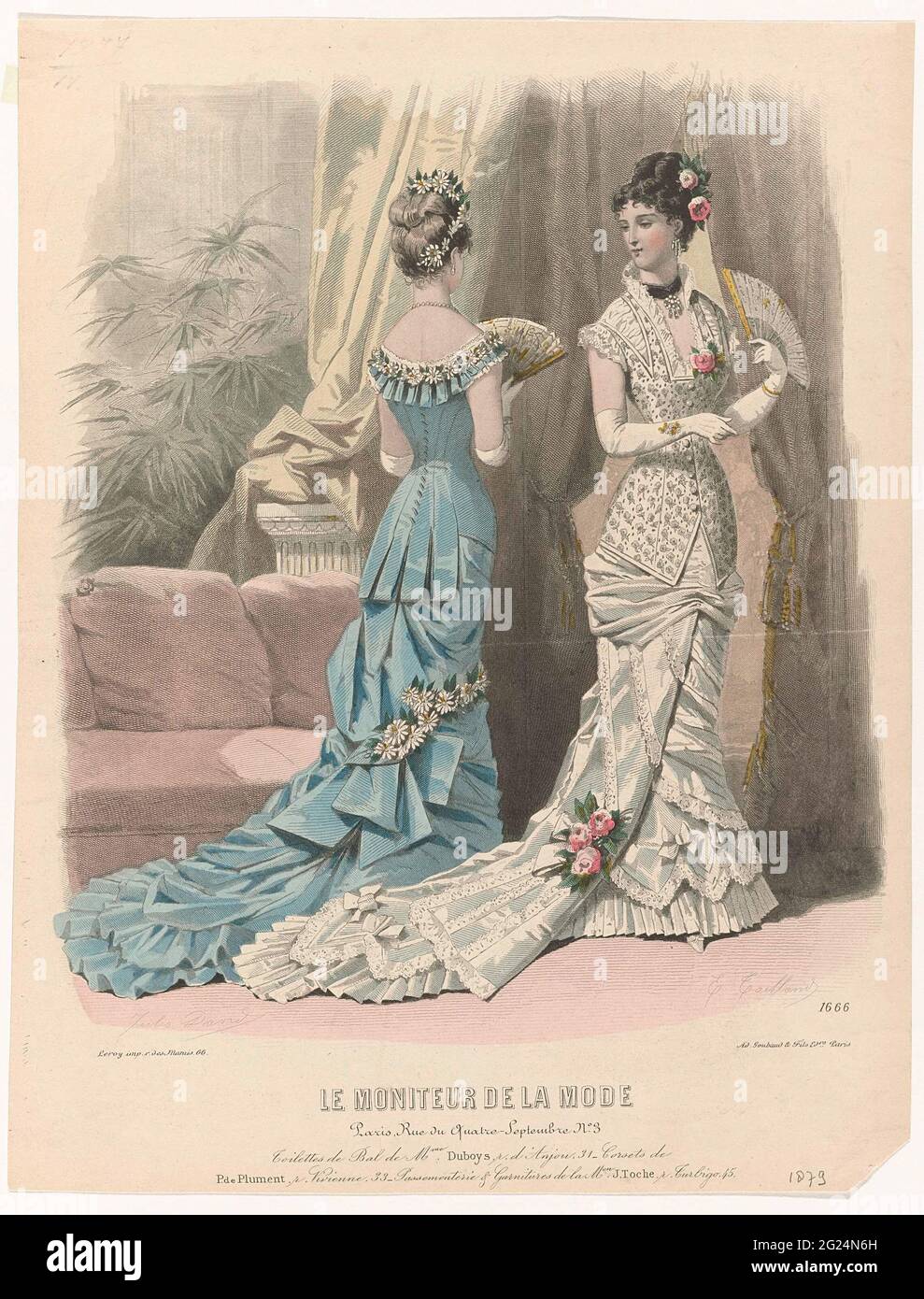 Le Moniteur de la Mode, 1879, no. 1666: Toilettes the ball (). Two  women, one of whom seen on the back, dressed in ballies, garnished with  flowers and pleated fabric. According to