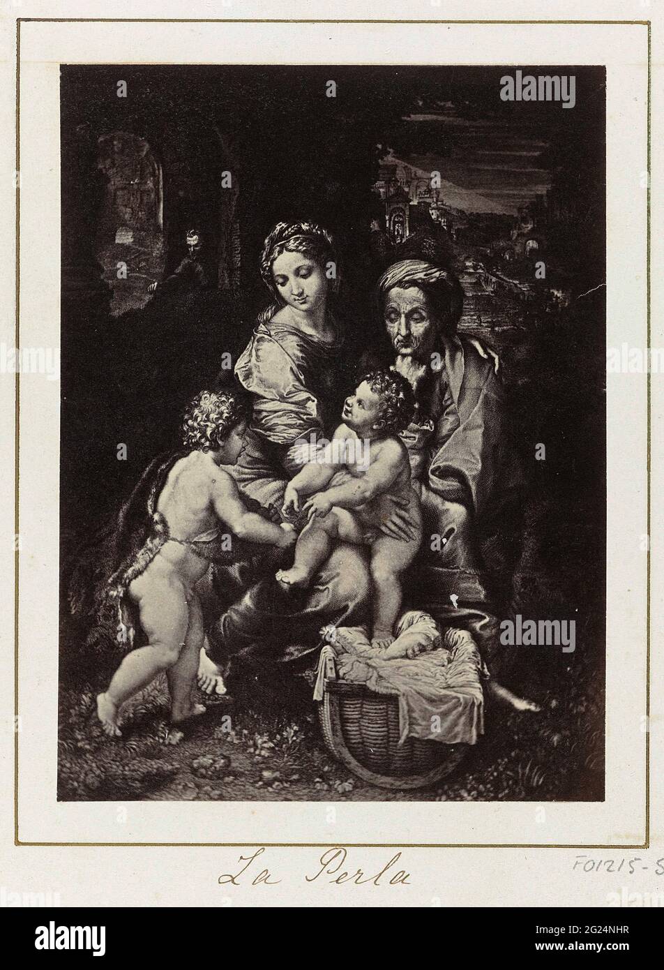 Photo production of (presumably) a print to a painting by Rafaël, representing the Holy Family (La Perla). Part of travel album with recordings of artworks, people and sights in Spain. Stock Photo