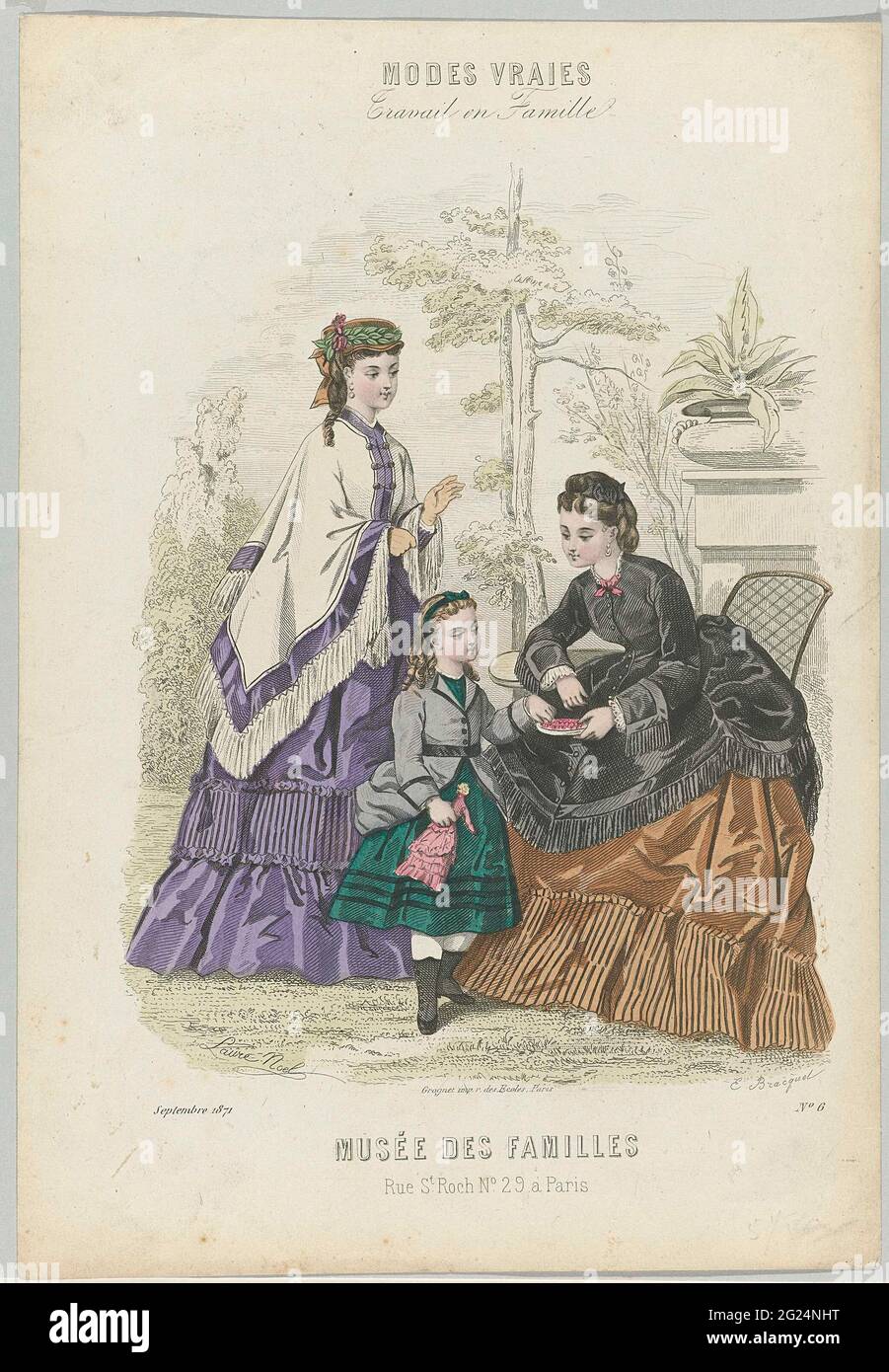 Musée des Familles, Septembre 1871, No. 6. Two women and a child outside, the women are dressed in dresses with cloak that are deposited with fringes, to the 'tapisserie' style. The child carries a jacket with belt and a skirt to over the knee with boots .. Print from the fashion magazine Musée des Familles (1833-1874). Stock Photo