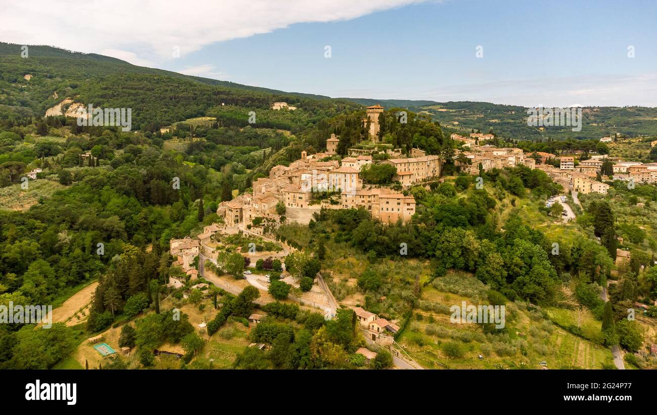 Stunning aerial view of the medieval Tuscan village of Cetona, elected one of the most beautiful villages in Italy. Stock Photo