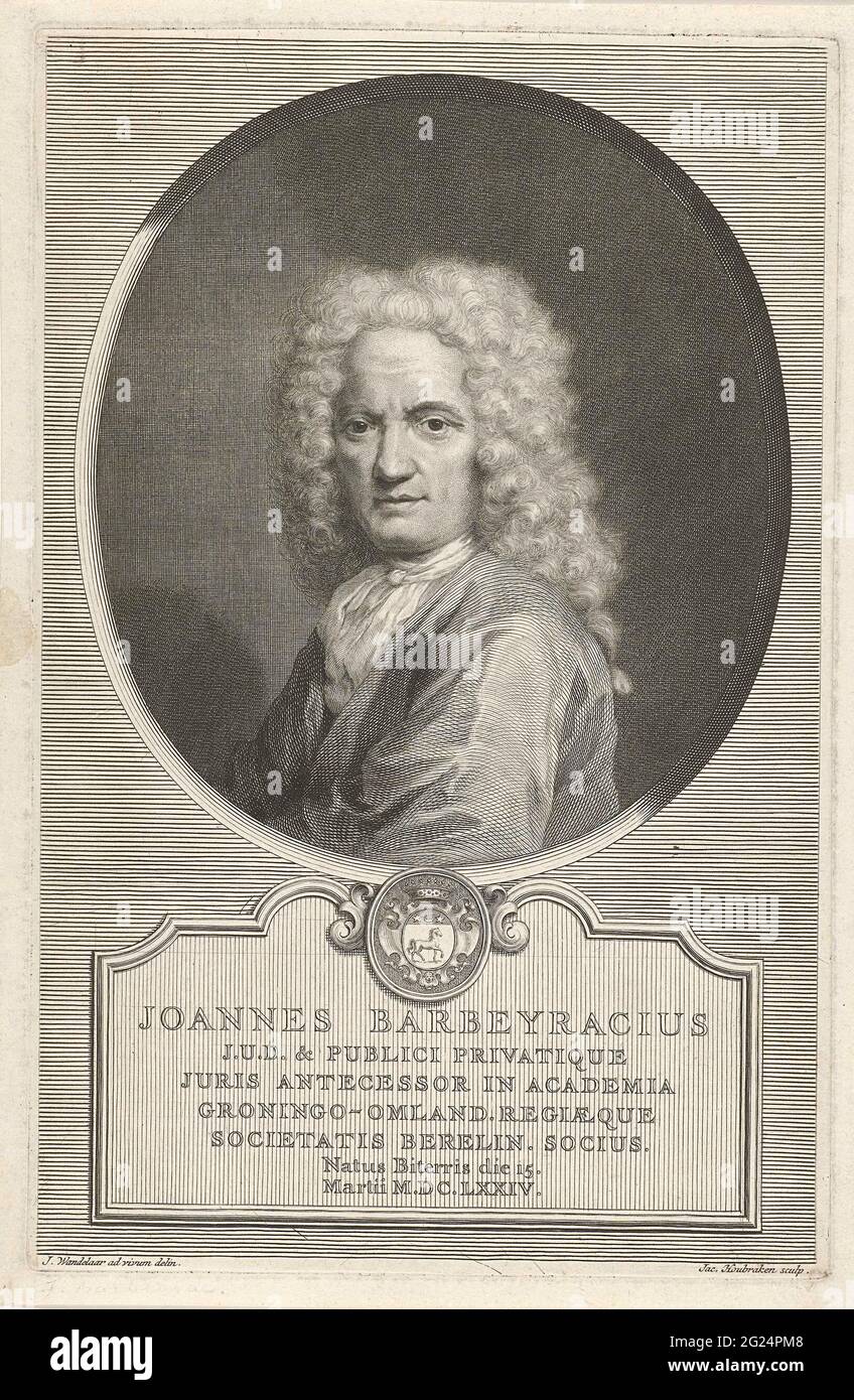Portrait of Jean Barbeyrac; Joannes Barbeyracius. Bust to the left of Jean  Barbeyrac in an oval. Under the portrait his weapon and name and six rules  in Latin Stock Photo - Alamy