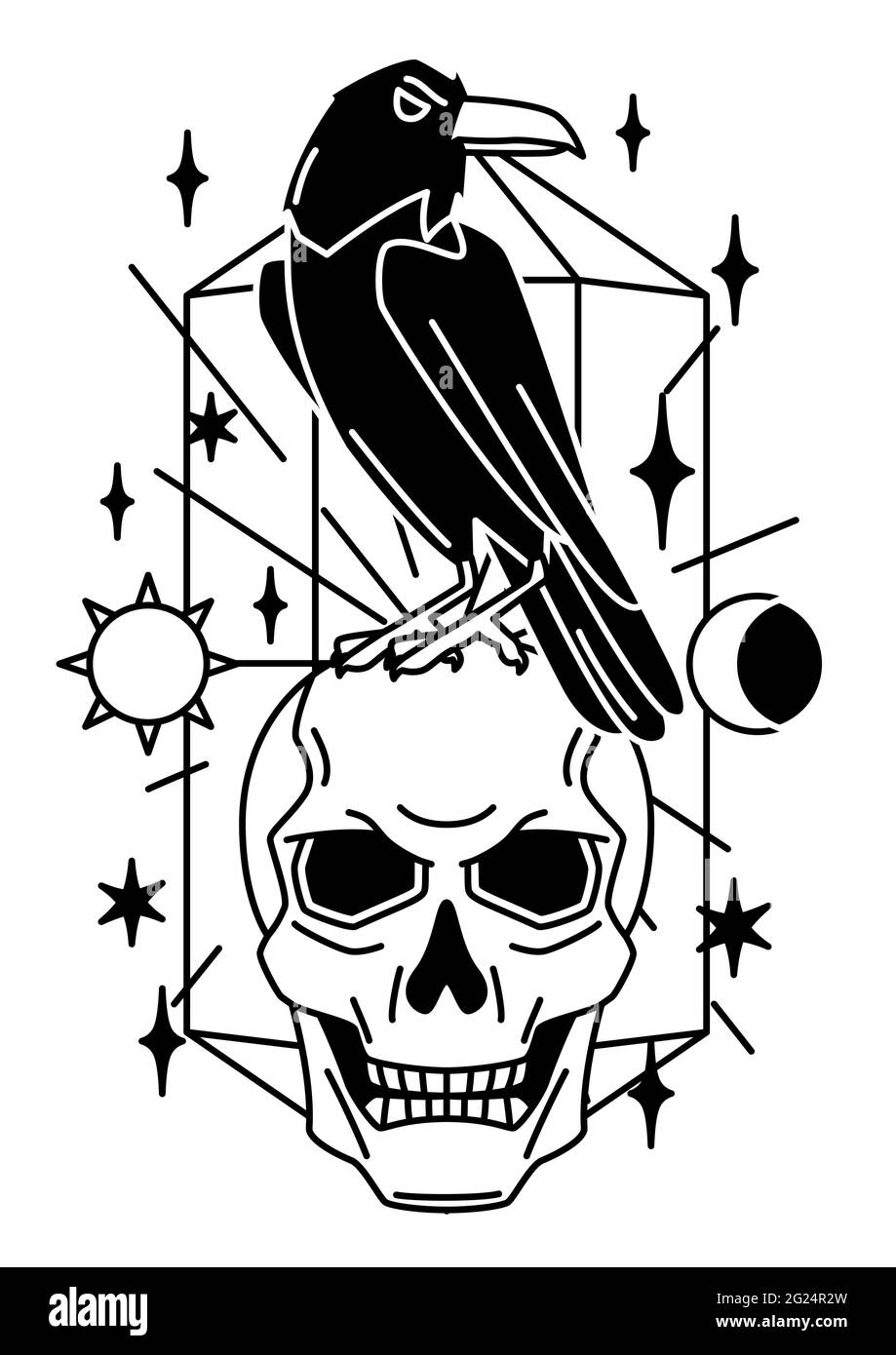 Magic illustration with raven and skull. Mystic, alchemy, spirituality and tattoo art. Stock Vector