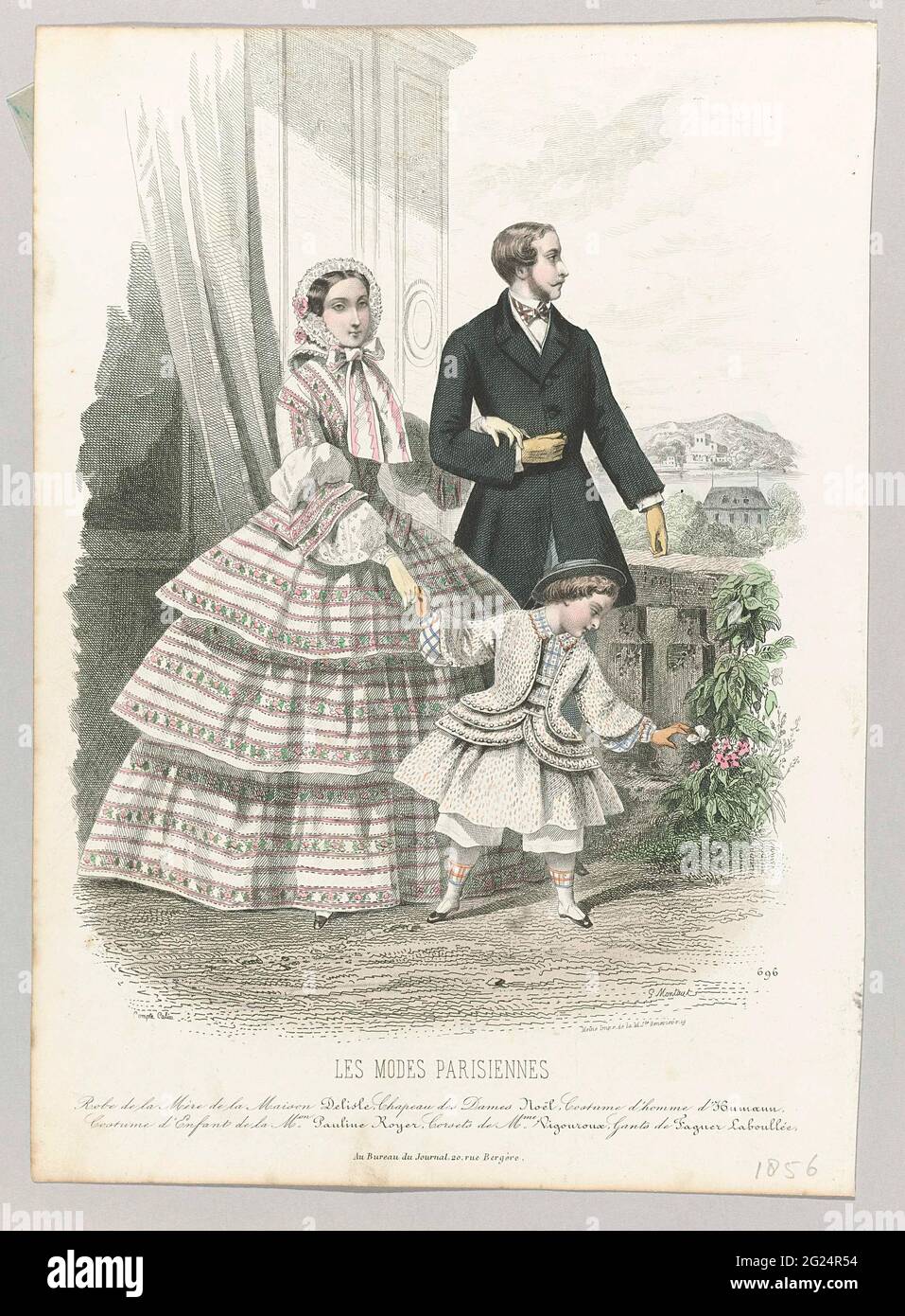 Les Modes Parisiennes, 1856, No. 696: Robe de la Mèr (...). A armed couple  on a balcony; The woman has a child going on. According to the caption: Jap  of Maison Delisle.