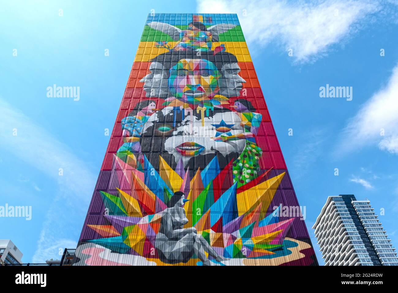 Mural named 'Equilibrium' in a building located in Jarvis Street and Carlton Street, Toronto, Canada. Low angle view and symmetric image Stock Photo